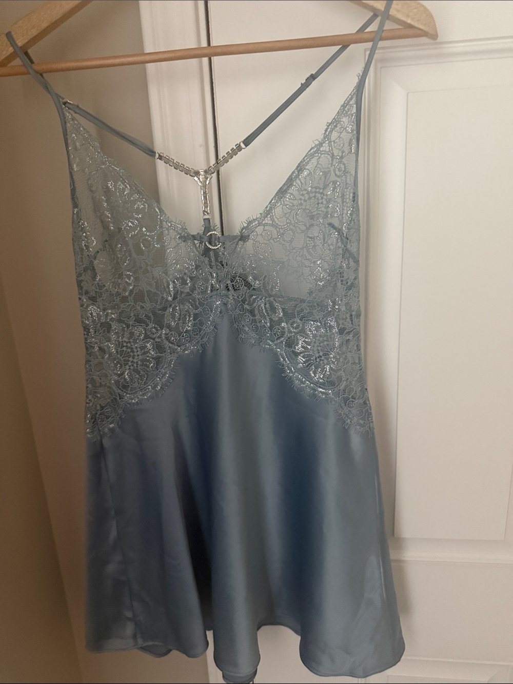 Victoria secert rare eye catching LaceTrim Satin baby doll in Dusty Blue size S